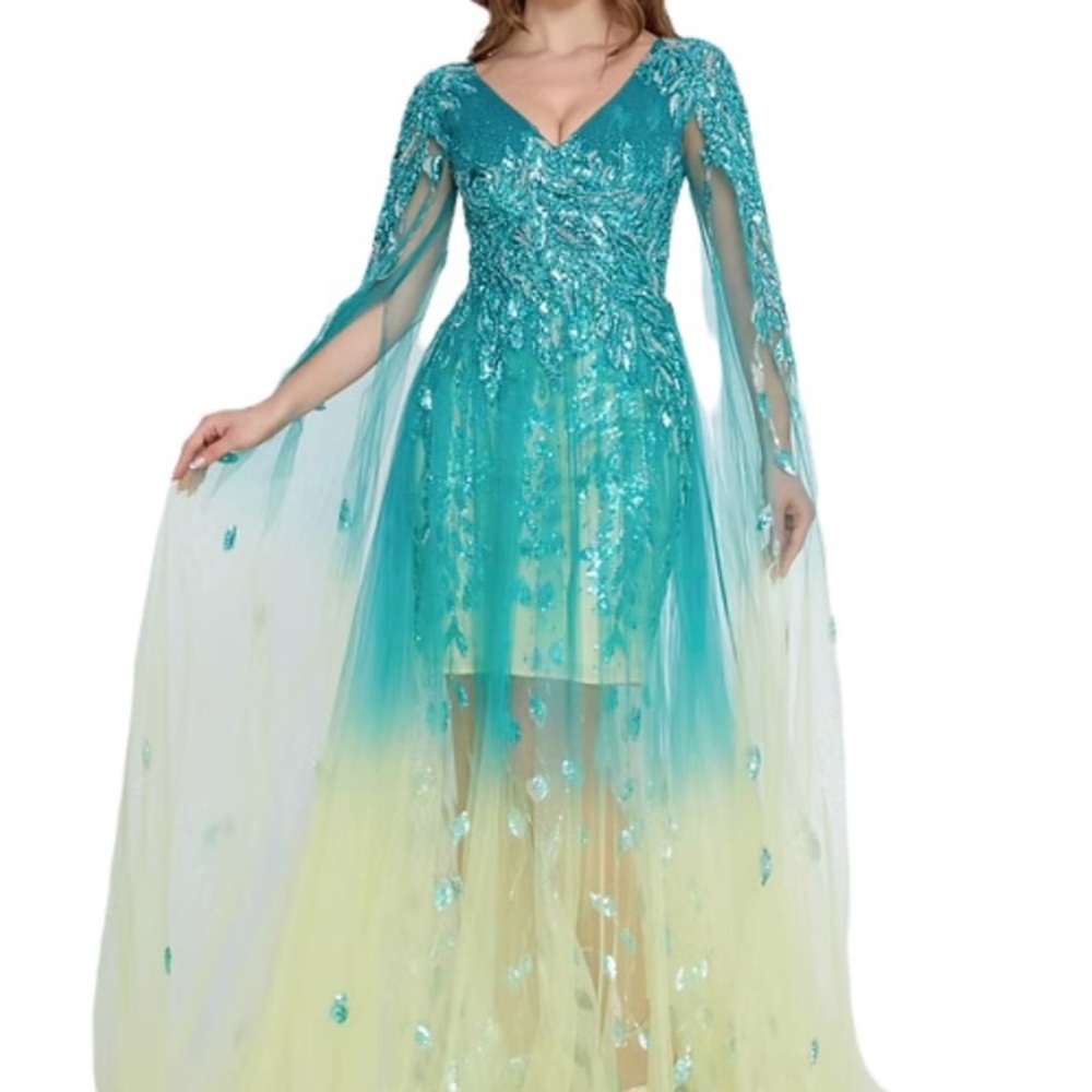 Teal and Yellow Embellished Prom Dress